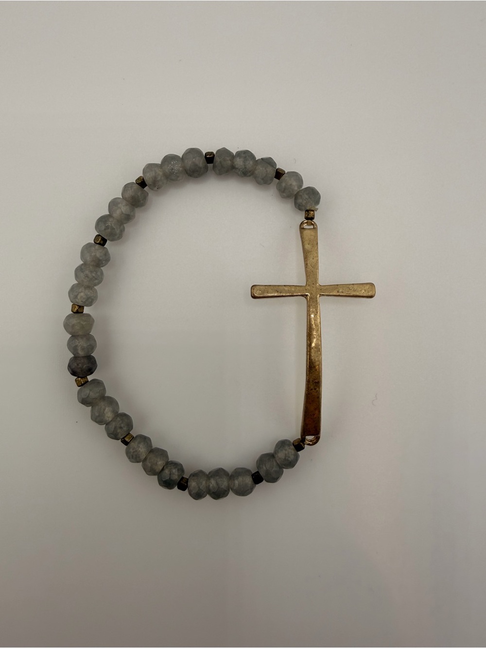 Gold Cross Stretch Bracelet with Gray Beaded Accents